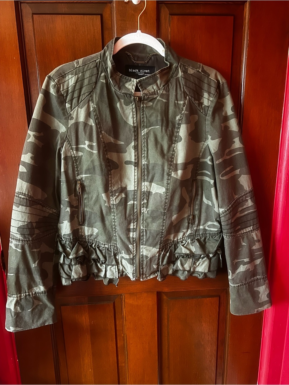 Black Rivet Olive Green Camo Ruffled Utility Jacket - Black Rivet